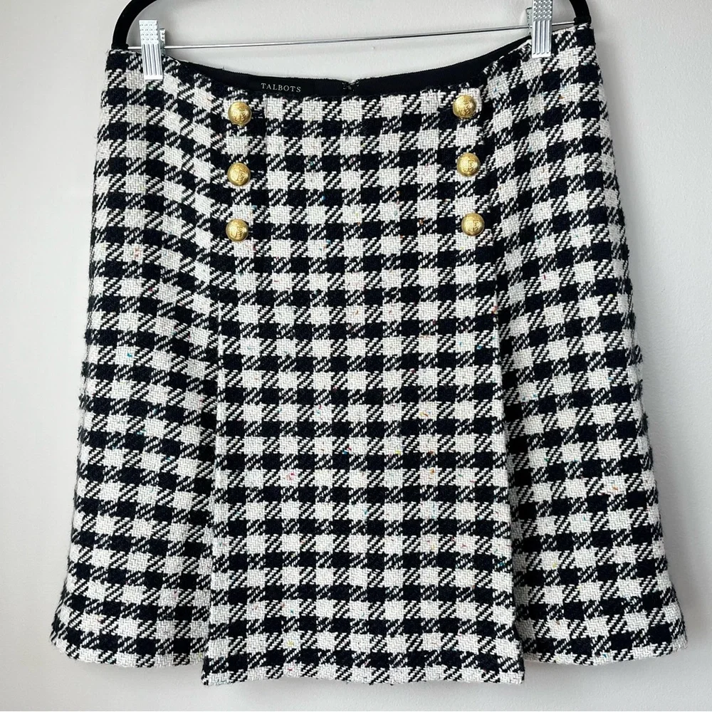 NWT Talbots Women's 12 Multicolor Houndstooth Tweed Mini Skirt Gold Buttons